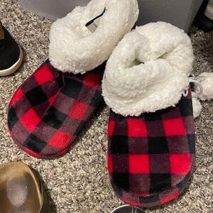 Red and Black Plaid Slipper Boots